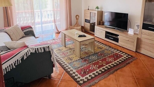 A living room with a sofa, TV, coffee table, and a patterned rug. - Quinta dos Moledros (Figueira)