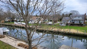 A calm river with a swan, surrounded by residential houses and a dock.