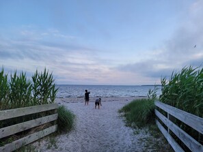 A sandy beach path with wooden railings on either side, leading to the water.