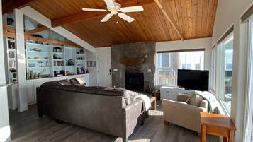 Smart TV, fireplace, books, stereo