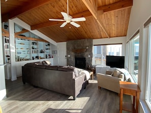 Smart TV, fireplace, books, stereo