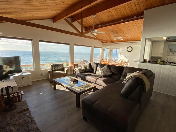 Smart TV, fireplace, books, stereo