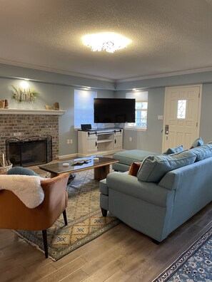 Smart TV, fireplace, books