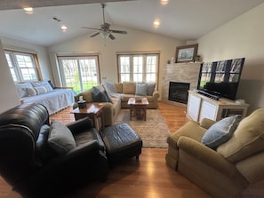 Smart TV, chimenea, reproductor de DVD y libros