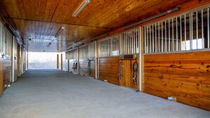 A long, narrow stable with wooden walls and a concrete floor.
