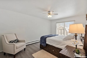2 bedrooms, memory foam beds, blackout drapes, iron/ironing board