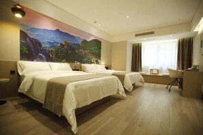 A hotel room with two beds, a desk, a chair, and a large mural on the wall. - Saint Hotel (Chongqing)