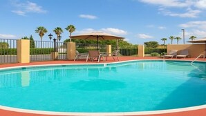A clear swimming pool with lounge chairs and umbrellas, surrounded by a fence and palm trees. - Rancho San Diego Inn & Suites (El Cajon)