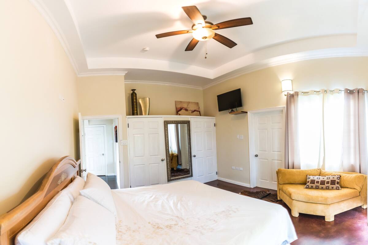 Ein Schlafzimmer mit einem Bett, Deckenventilator, einer Couch und einem Fernseher an der Wand.