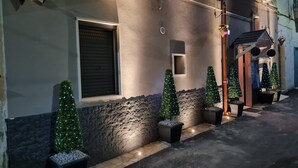 Ein Gebäude mit einer steinernen Fassade, einem geschlossenen Fensterladen und kleinen Weihnachtsbäumen in Töpfen mit Lichterketten.