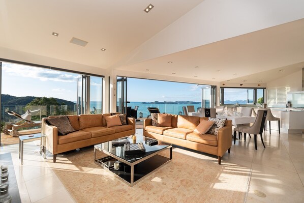 Smart TV, fireplace, books, stereo