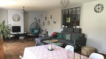 Télévision, cheminée, livres