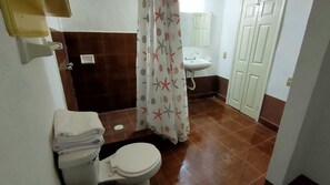 Standaard kamer, 2 queensize bedden | Badkamer | Een douche, handdoeken, zeep, shampoo