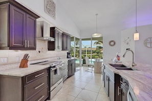 A modern kitchen with dark cabinets, a glass backsplash, and a view of a pool and palm trees.