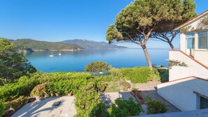 A coastal view with a large tree in the foreground, a clear blue sea, and a mountainous backdrop.
