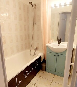 Combined shower/tub, hair dryer, towels, toilet paper