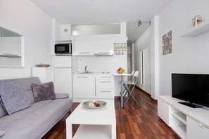 A compact living space with a kitchenette, a sofa, a dining area, and a TV.