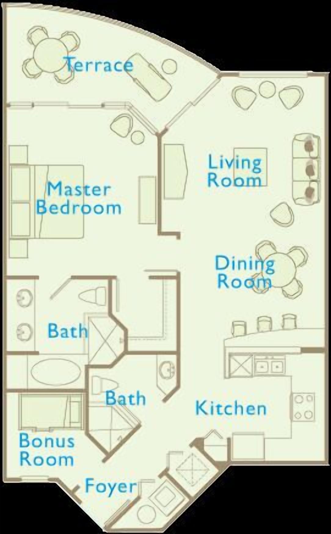 Un plan d’étage comprenant une terrasse, une chambre principale, un salon, une salle à manger, une cuisine, deux salles de bain, une pièce supplémentaire et un hall d’entrée.