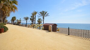 En sti af sandkantet strand omkranset af palmer og et hegn, der fører ned til havet.