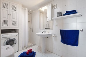 Shower, hair dryer, towels