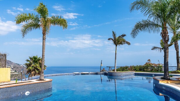 A clear blue infinity pool with palm trees, a view of the ocean, and a tiled edge.