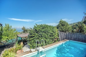 A swimming pool with a wooden deck and a stone wall, surrounded by lush greenery and a view of the ocean.