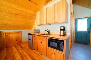 Fridge, microwave, coffee/tea maker, toaster