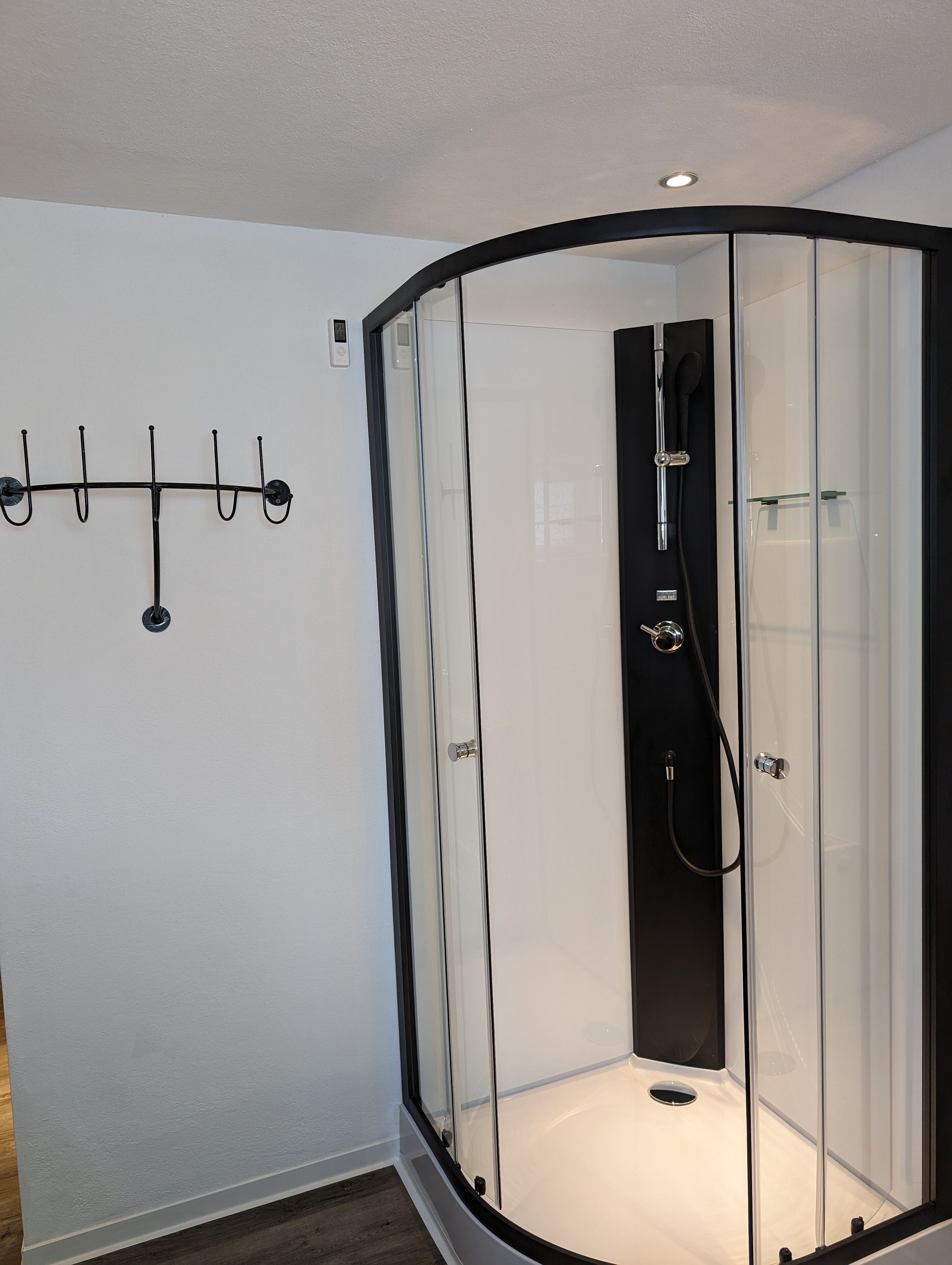 A modern bathroom with a glass-enclosed shower, a wall-mounted towel rack, and a visible control panel.