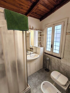 Een badkamer met douche, wastafel, toilet en een raam.
