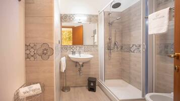Shower, hair dryer, bidet, towels