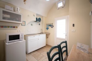 Fridge, microwave, stovetop, cookware/dishes/utensils