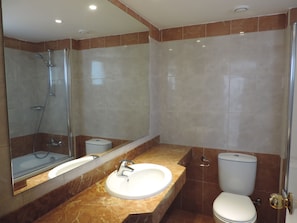 A bathroom with a glass-enclosed shower, a sink with a mirror above it, and a toilet.
