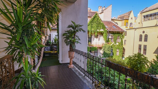 Un balcon orné de plantes en pot, un sol carrelé et une vue sur les bâtiments voisins.