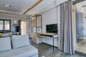 Family House, Multiple Bedrooms, 2 Bathrooms (Serenity Suites Sea View 3) | Living area | TV - Serenity Suites Sea View 3 (Zacharo)