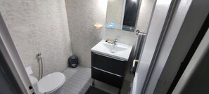 Shower, towels, toilet paper