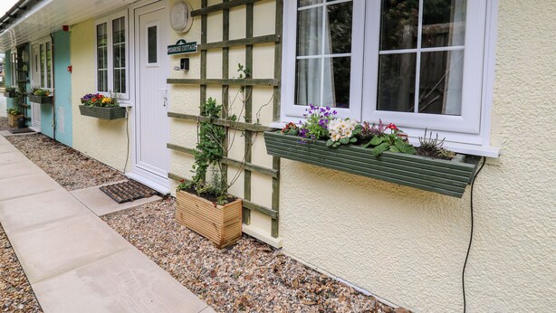 A row of cottages with white doors and windows, each with flower boxes and a small wooden planter. - Primrose Cottage (Llandrindod Wells)