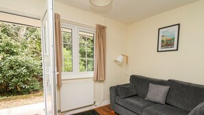 A cozy living room with a grey sofa, a round patterned rug, a radiator, and a window with curtains. - Primrose Cottage (Llandrindod Wells)