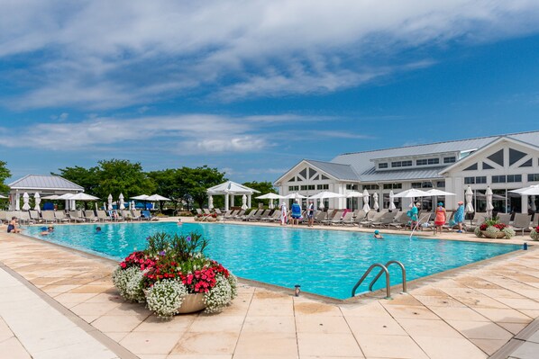 A swimming pool with lounge chairs and umbrellas, surrounded by buildings and greenery.