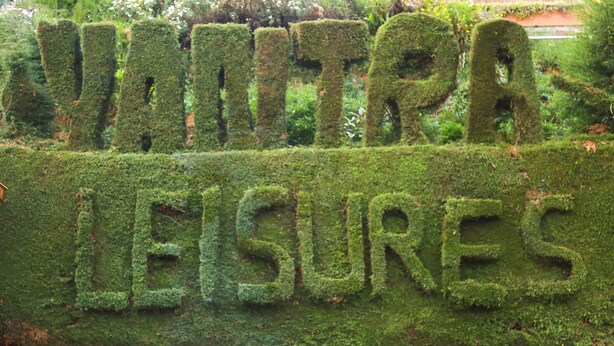 Une haie dans laquelle on a sculpté les mots « INTRA LEISURES ».