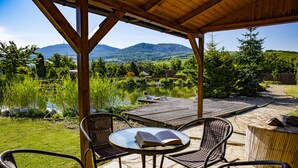 A covered outdoor seating area with wicker chairs and a table, overlooking a pond and mountains. - Amenity Penzion Horní Věstonice (Horní Vestonice)