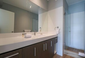 Shower, hair dryer, towels, shampoo