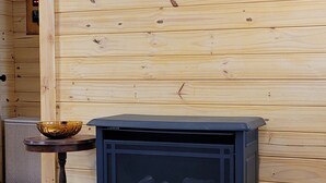 Ein Zimmer mit einer Holzwand, einem schwarzen Kamin, einem kleinen Tisch mit einer Schüssel und einem an der Wand befestigten Fernseher.