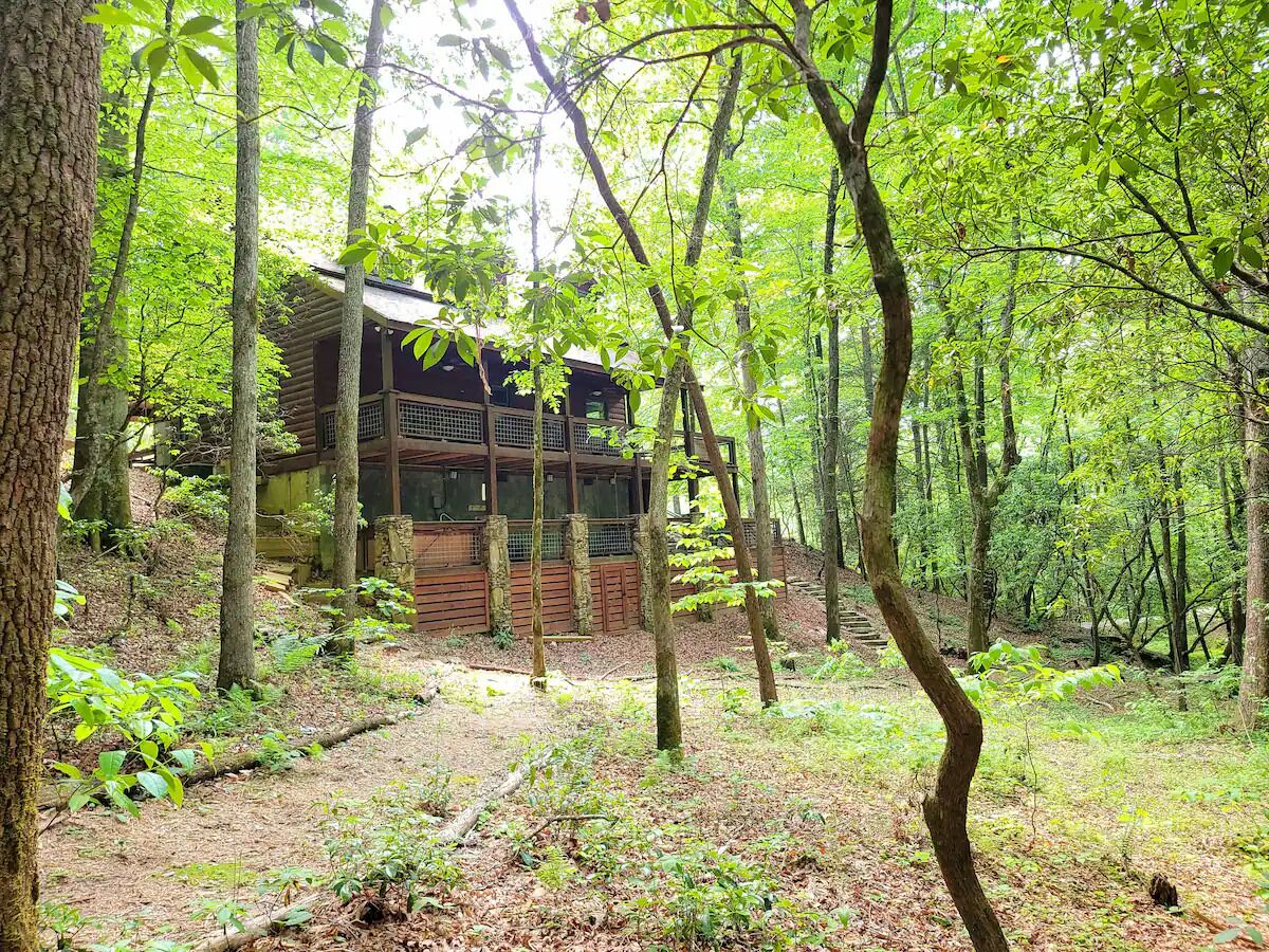 Une cabane au cœur d’une forêt, dotée d’une terrasse en bois et d’un porche abrité.