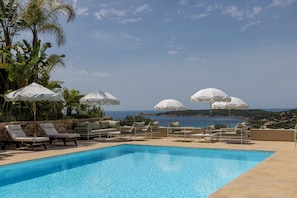 Seasonal outdoor pool, pool umbrellas, pool loungers