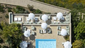 Vista aérea de un área de piscina en la azotea, con sillas de descanso y sombrillas, rodeada de vegetación.