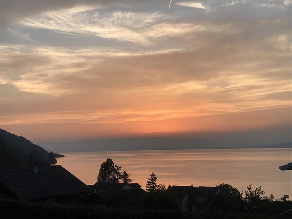 A coastal landscape with a calm sea, a sunset, and houses in the foreground.