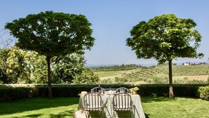 An outdoor dining area with a table and chairs, surrounded by trees and a view of a vineyard. - VILLA IL PRINCIPE - Nine Bedroom Villa, Sleeps 18 (Castellina in Chianti)