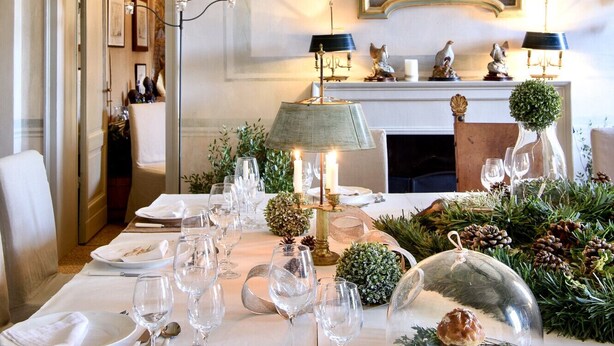 A formal dining room with a table set for a meal, a fireplace with decorative items, and a large framed painting on the wall. - VILLA IL PRINCIPE - Nine Bedroom Villa, Sleeps 18 (Castellina in Chianti)