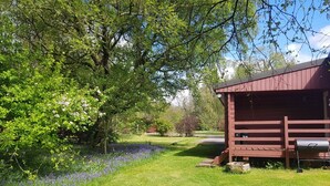 Een rustieke houten chalet, omringd door weelderige begroeiing en een verzorgd gazon.