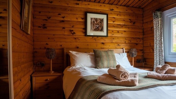 Een slaapkamer in een houten blokhut met een bed, kussens, een lijst met foto, een nachtkastje en een raam met gordijnen.